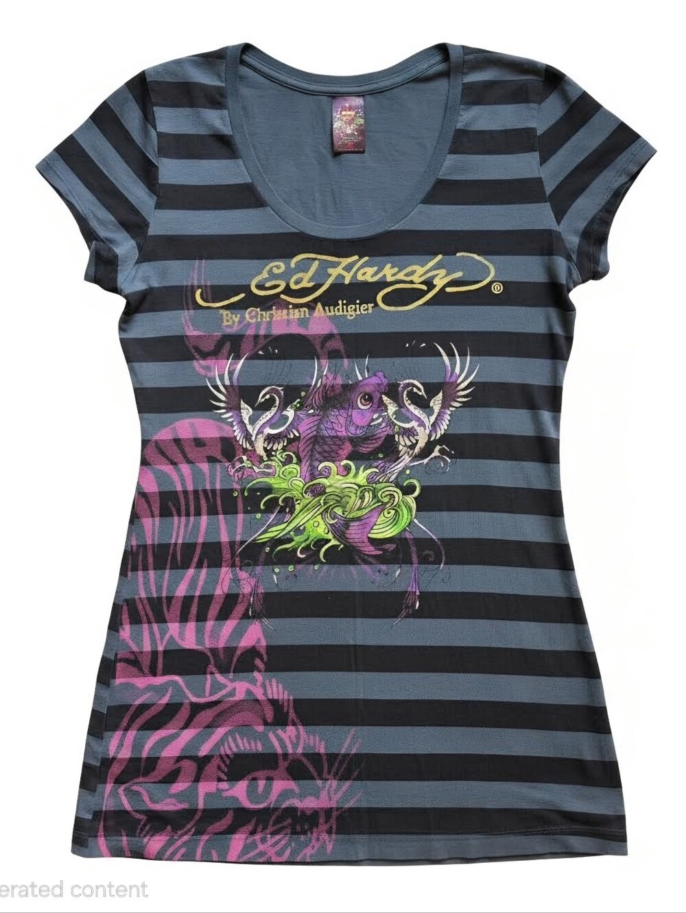 Vtg Y2K Ed Hardy Christian Audigier T-Shirt Koi Fish Birds Blue Tiger Women's M